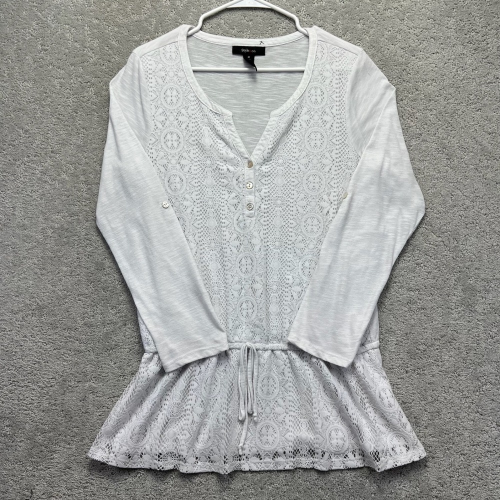 Style & Co Peplum Top Womens M White Lace Overlay Henley Roll Tab Sleeve Boho